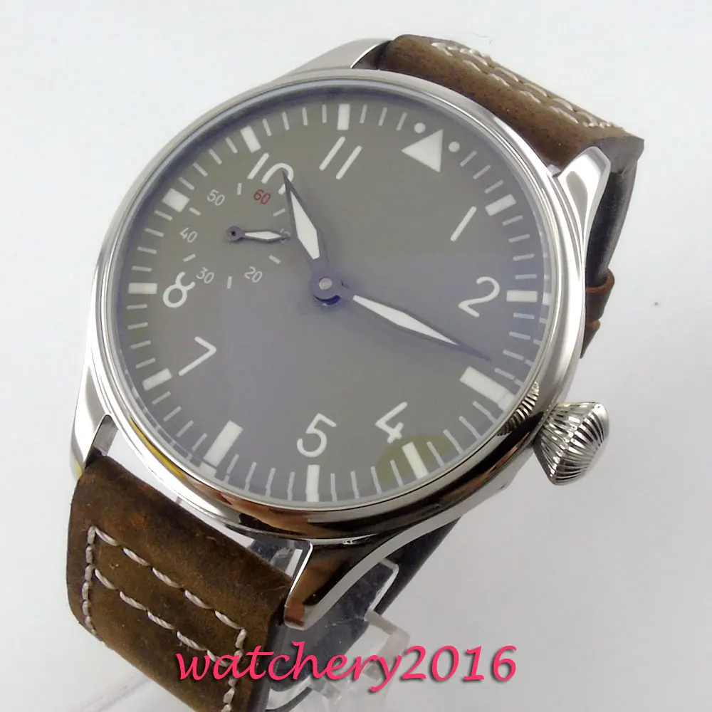 

44mm PARNIS Grey Sterile Dial Stainless steel Case Luminous Hands Luxury Brand 17 Jewels 6497 Hands Winding Movement men's Watch