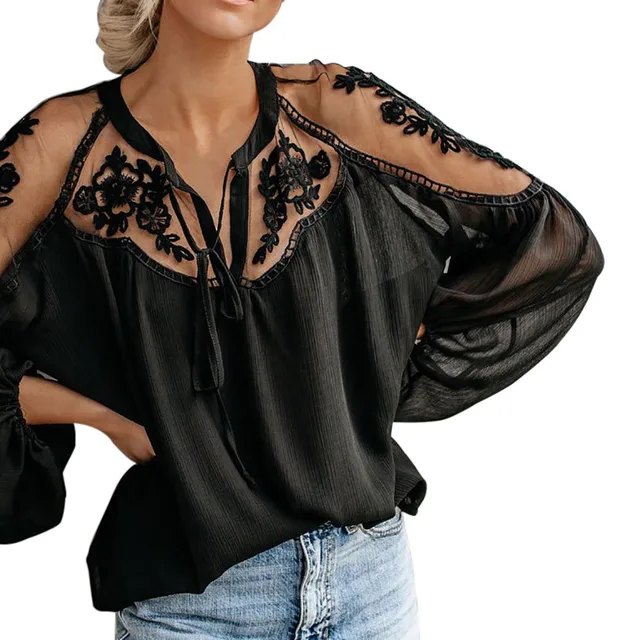 US $7.24 Sexy Lace Mesh Shirt Embroidery Patchwork Women Casual Long Sleeve Tops Chiffon Blouse Ladies Loose