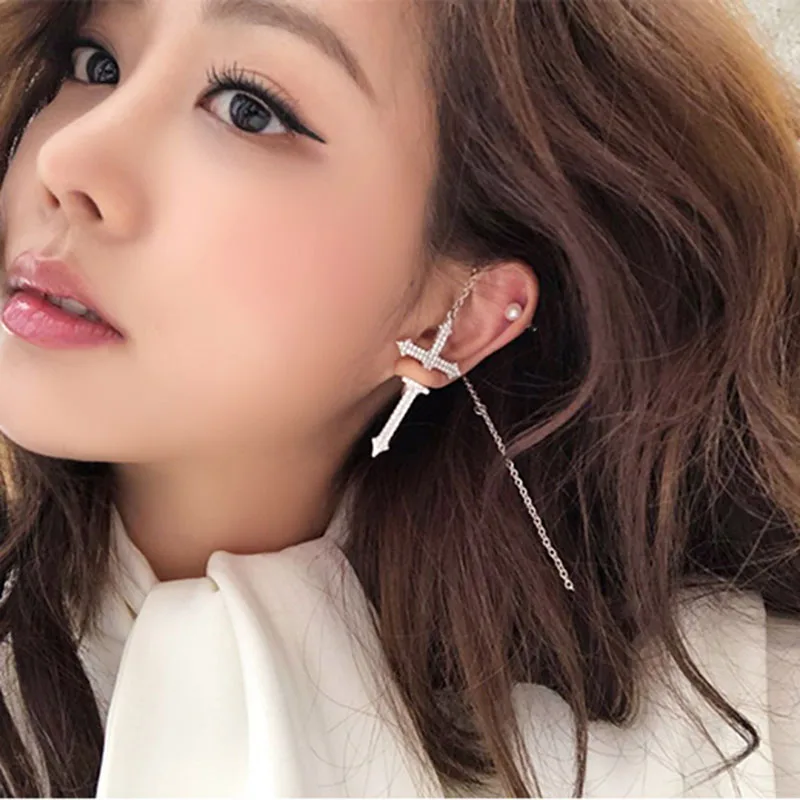 

Cility Micro Inlaid Zircon Front And Rear Earrings Cross Tassel Single Drop Earrings Mother's Day Gift 2019 Luxury Accessories