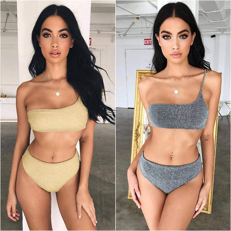 

XREOUGA 2019 Hot Sales One Shoulder Bikini Set Solid Wrapping Chest Beachwear Elastic Swimsuit Women Two Piece Swimwear American