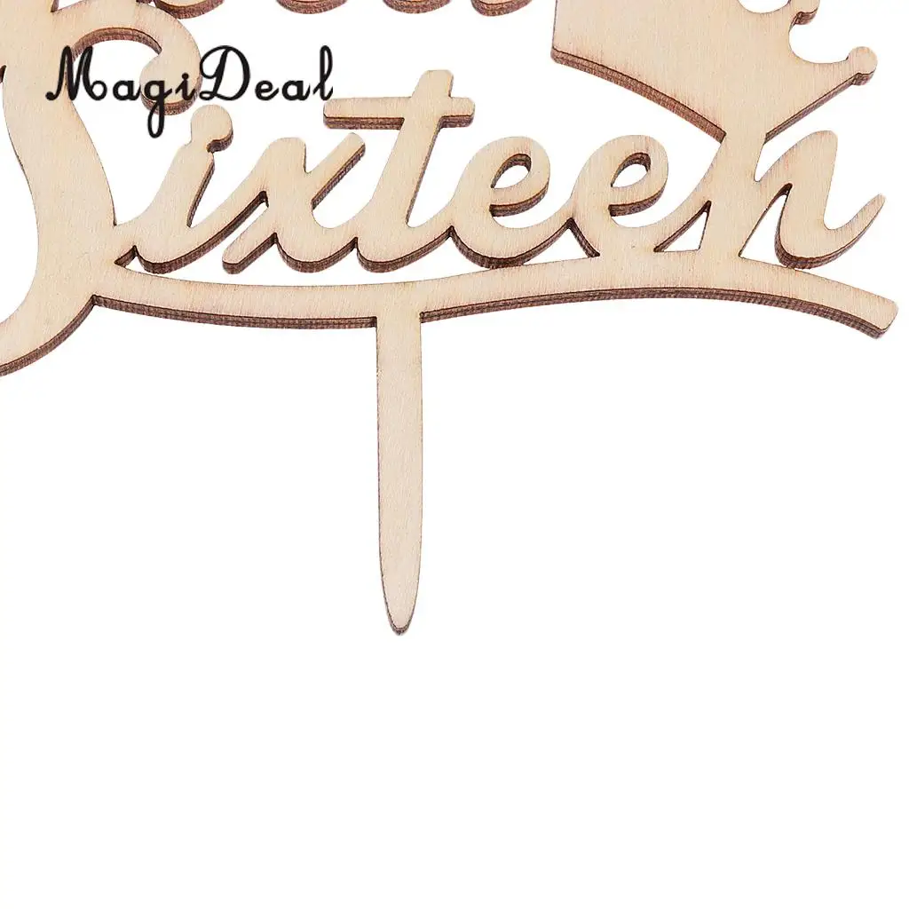 MagiDeal Delicate Design 1Pc Rustic Wooden Sweet Sixteen Cake Topper 16th Birthday Party Cake Decoration 15.5 x 13 x 0.4cm Brown