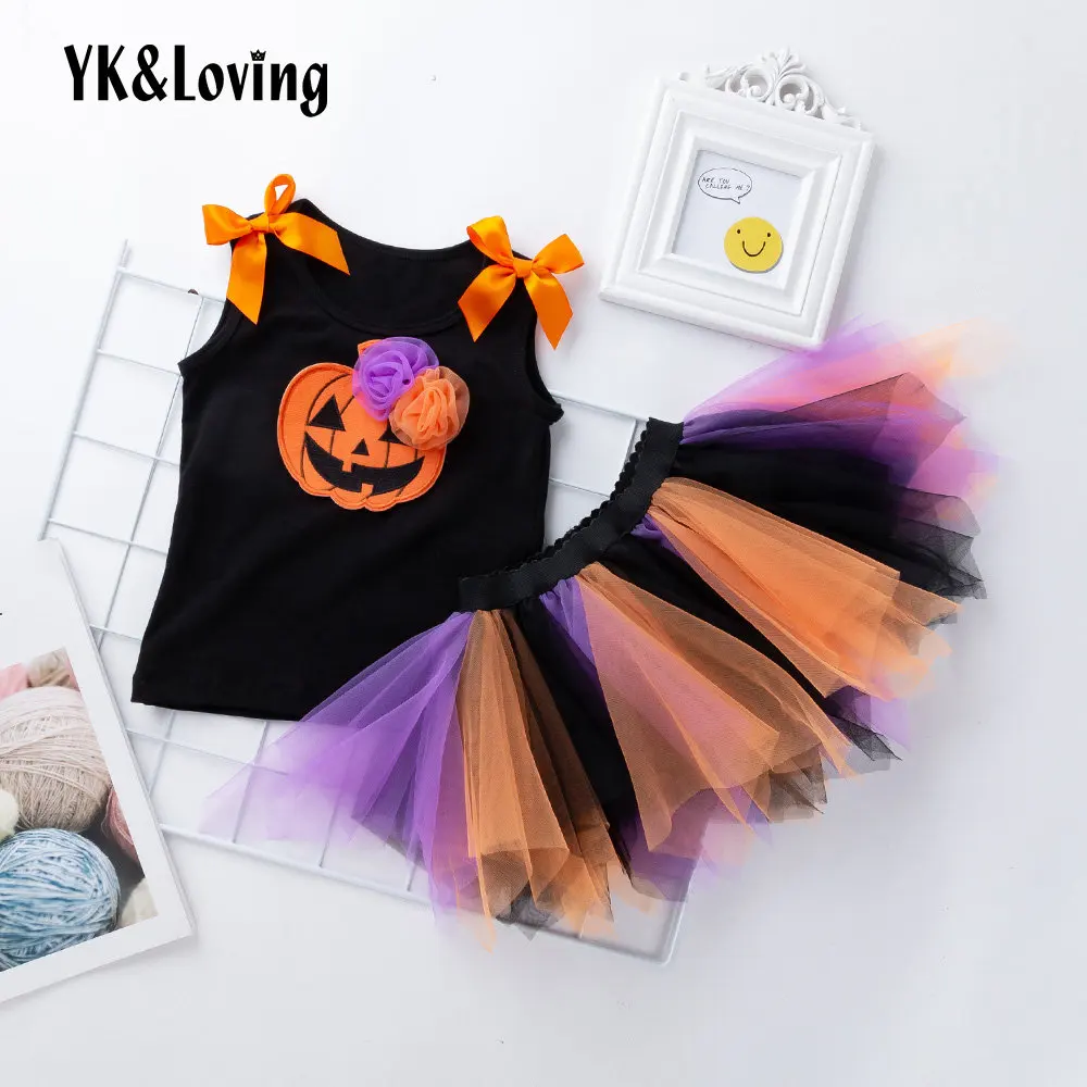 

YK&Loving Halloween Girl Tutu Skirts Sets Sleeveless Halloween Pumpkin Printed Festival Suit Black Orange Cotton Warm Skirts