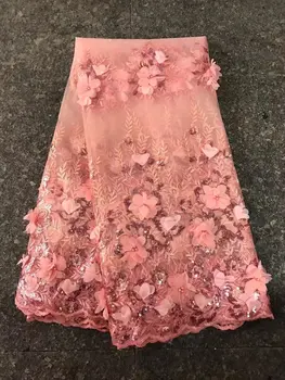 

Nigerian 3D Flower Embroidered Tulle Lace Fabric With Bead Sequin Fabric 2017 High Quality French African Net Lace Fabric 5yds
