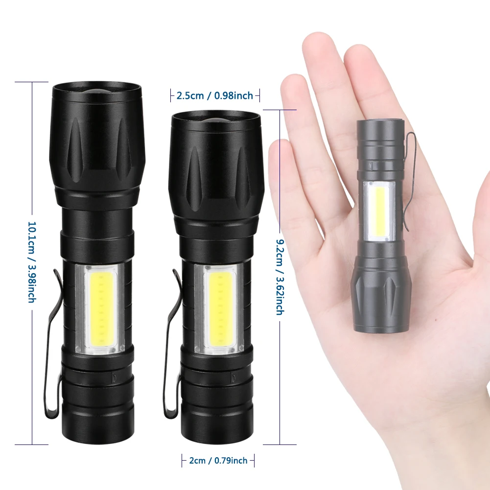 Newest USB Charging XPE+COB LED Flashlight Lamp Torch With Clip 3 Mode Zoomable Lamp Built in Battery with Box For Gift Light