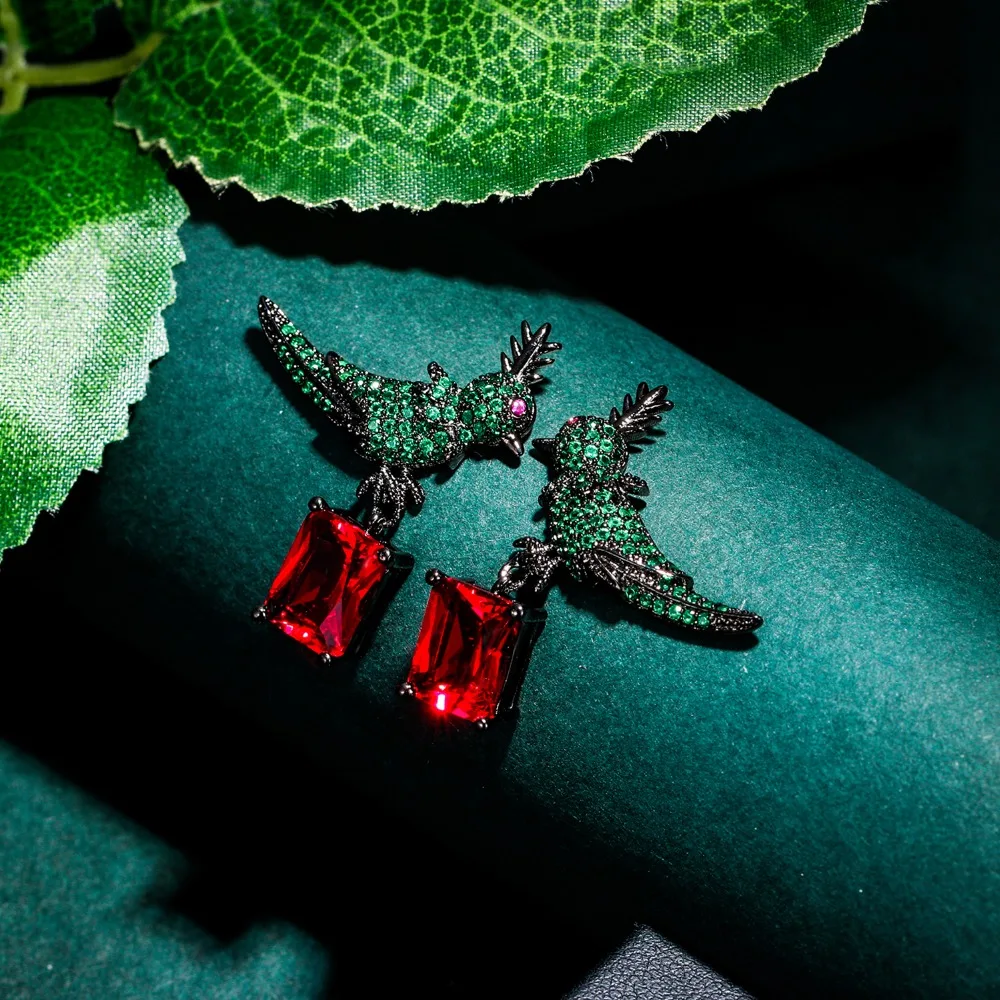 Серьги Tuliper Bird Animal зеленые красные квадратные серьги с кубическим цирконием