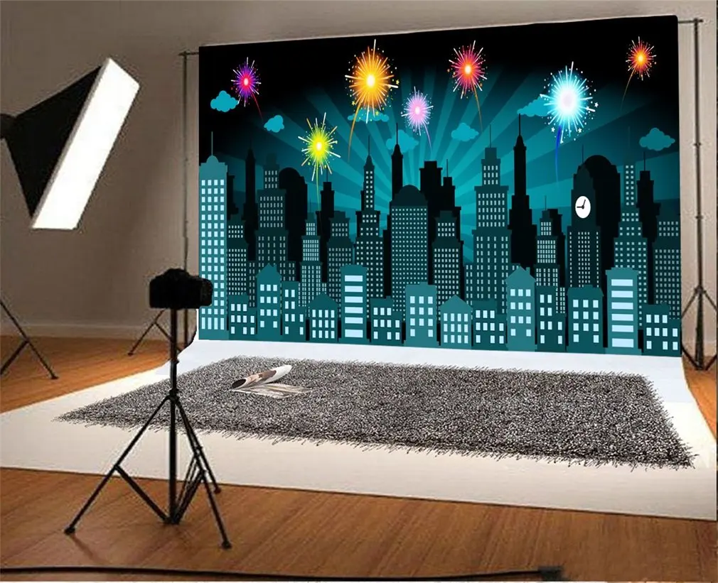

Photography Backdrop Cartoon City Landscape Town Wallpaper Illration Skyscraper Fireworks Happy Birthday Photo Background