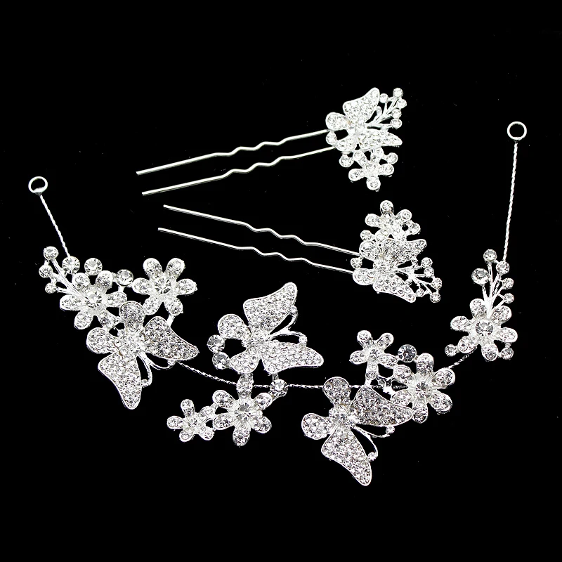 

3 PCS Vintage Hair Ornament Silver Butterfly Wedding Prom Headpiece Rhinestone Floral Bridal Headdress Crystal Bride Hair Band