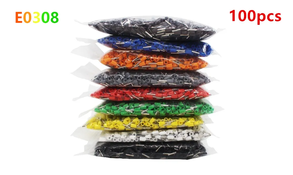 

100pcs E0308 Tubular Wire Cold Pressure Connector Electrical Terminals Cable Crimps Wire Ferrules For 0.34mm2, 24AWG Wire VE0308