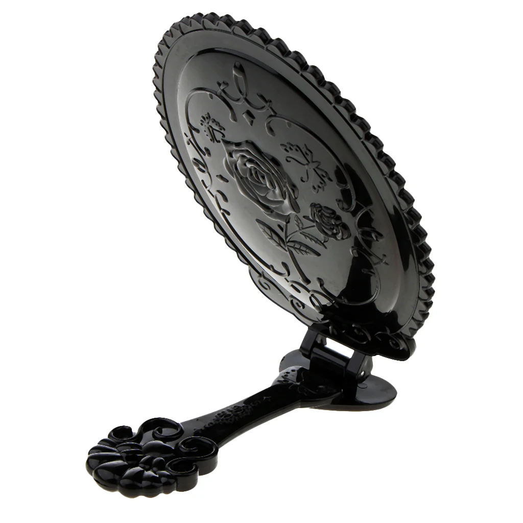 Antique Rose Flower Pattern Handheld Mirror with Folding Handle Countertop Stand 180 Degrees Full Folding Premium Black Plastic