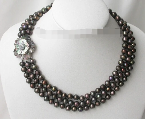 

ddh003468 3strands 8-9mm black FW pearl necklace flower shell cameo