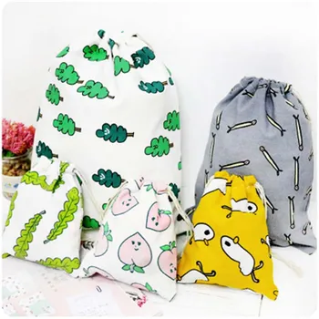 

Peach Tree Leaf Duck Pattern Handmade Cotton Linen Storage Package Bag Drawstring Bag Travel Women Small Cloth Bag pouch 1PC
