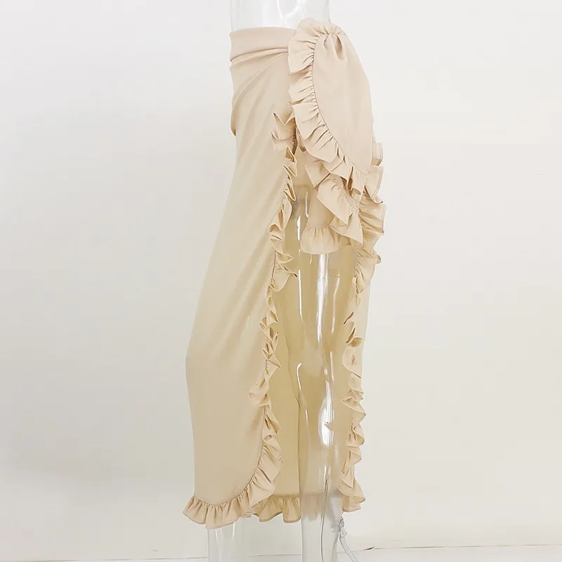 PFFLOOK длинная юбка с оборками и высокой талией Женская однотонная сетчатая летняя пляжная юбка макси модная Сексуальная Асимметричная юбка - Цвет: khaki