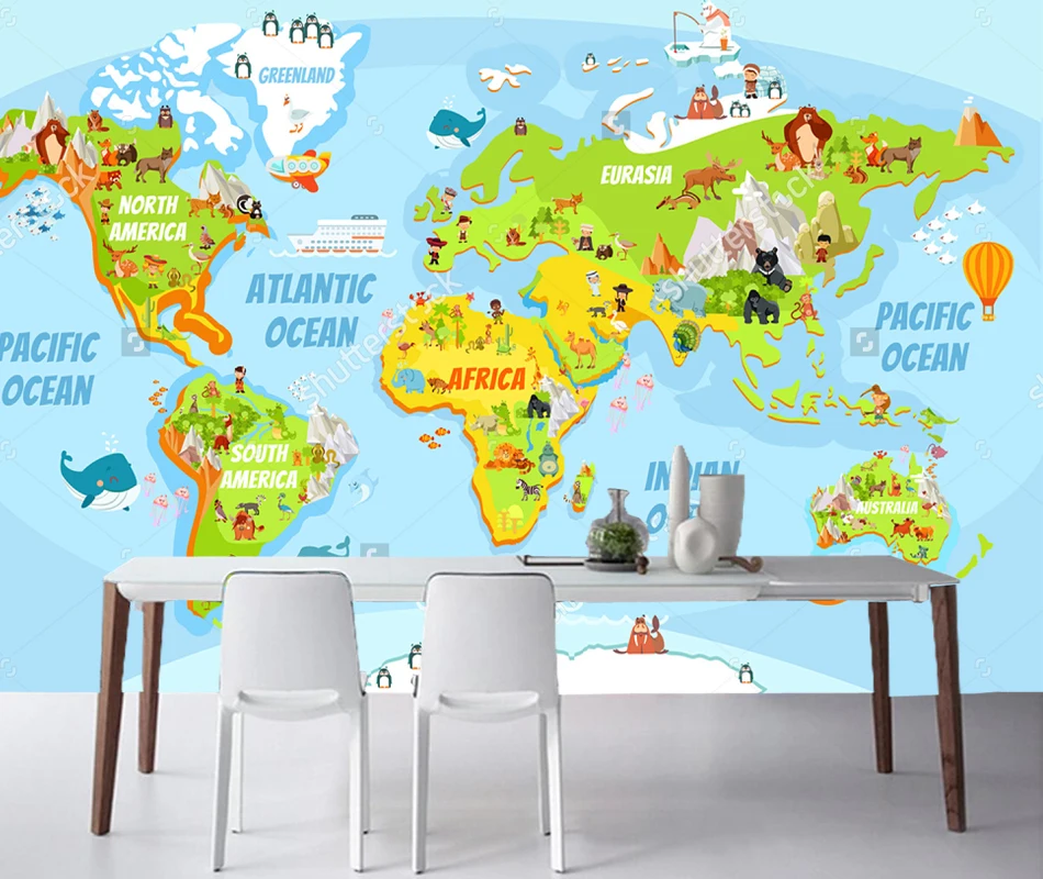 

Children's wallpaper, Cartoon world map with a lot of funny animals for boys and girls room bedroom background papel de parede