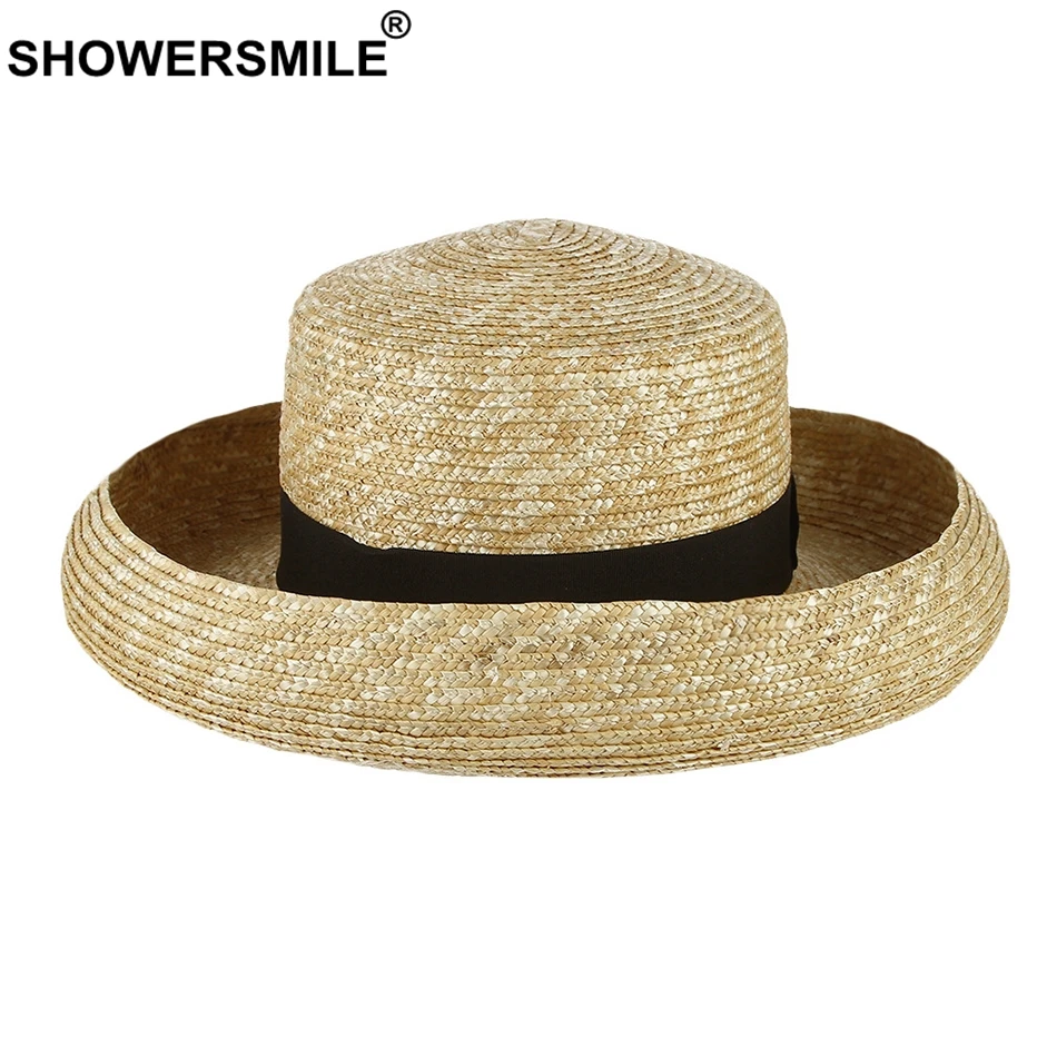 

SHOWERSMILE Straw Hat Women Designer Summer Hat Female Curved Brim French Style Fashion Beige Beach UV Protection Ladies Sun Hat