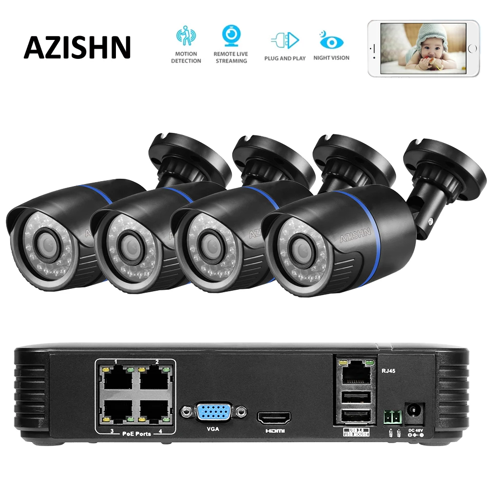 AZISHN FULL HD 4CH POE 1080P NVR 2.0mp 48 в PoE 1080P IP камера HDMI CCTV система наблюдения/Внутренняя P2P электронная сигнализация ПК и телефона