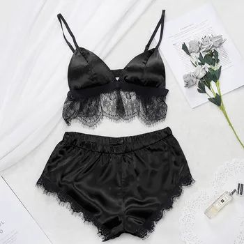 

New Womens Sexy Bra And Panty Set Satin Lace Trim Sling Sleepwear Lingerie Set Underwear Seamless Bielizna Damska Komplety