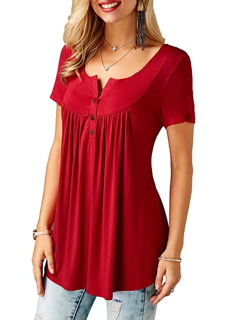 Women'S Summer Casual Short Sleeve T-Shirts Ruffle Button Up Split Neck Blouse Tunic Top Female 2018 Fashion Solid Loose Tees (6)