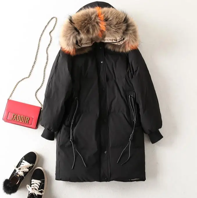 Зимняя теплая Женская куртка на утином пуху с капюшоном большого размера, натуральный мех, воротник, длинные пуховики, парки, женская Свободная куртка, толстая верхняя одежда RH1077 - Цвет: Black Multicolor Fur