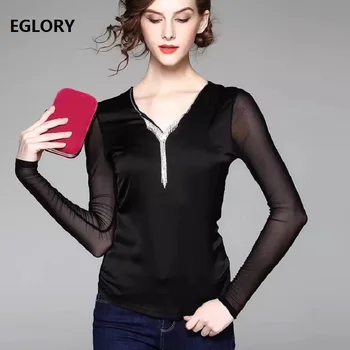 

High Quality Brand New Tops & Tees 2018 Autumn Winter Spring Tops Women Beading Tassel V-Neck Long Sleeve Black Pink Tops TShirt