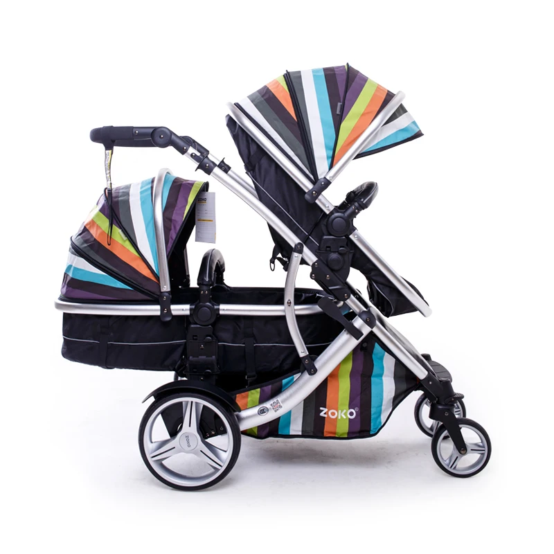 Детская прогулочная коляска Rainbow Twin модная с высокой подвеской двойным сиденьем