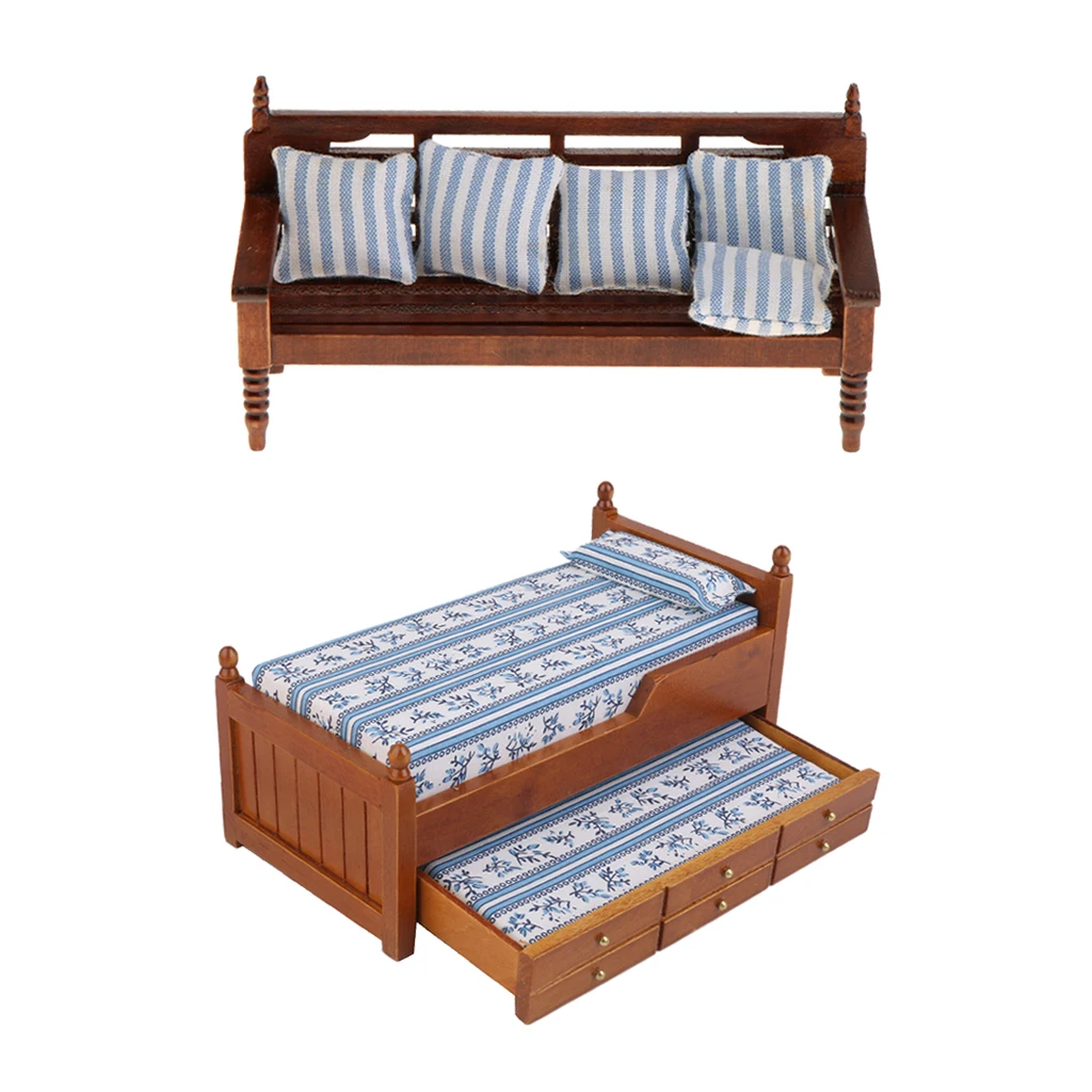 Modern Wooden Miniature 2-Layers Bed Chair Cushions Sofa Kit for 1/12 Dolls House Bedroom Decoration Accessories