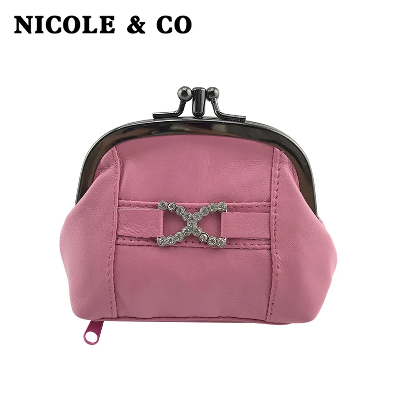 

NICOLE & CO New Genuine Leather Coin Purse girls Sheepskin Change Purse Metal Hasp Closure Card Holder Wallet Zipper Small Bag