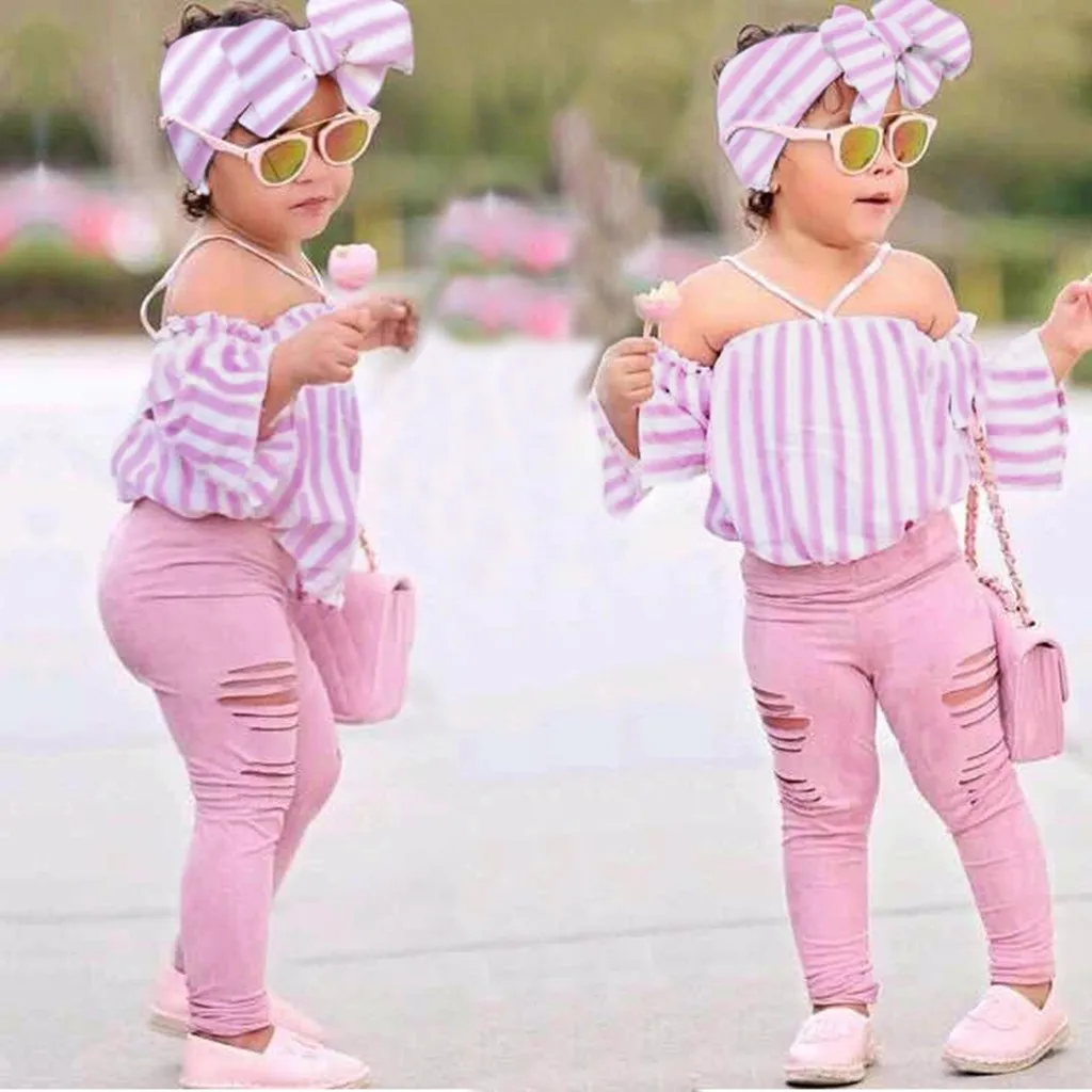 

Children Kids Girls Off Shoulder Stripe Tops+Ripped Pants+Headbands Set Outfit Summer Baby Girls 3Pcs Kid Girls Clothing Set