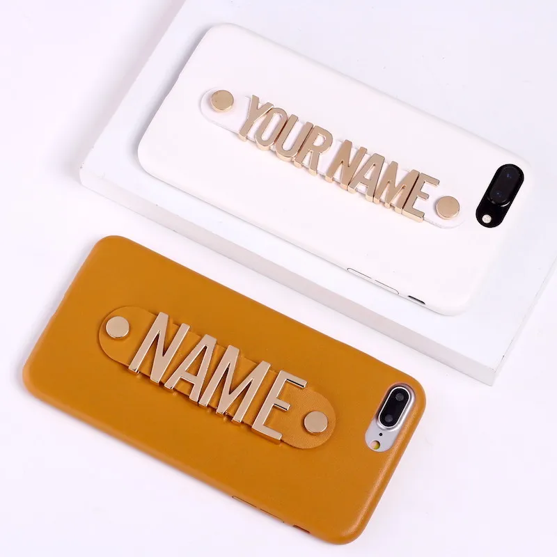 Для iPhone 11 Pro XR 6S XS Max 7 7Plus 8 8Plus чехол для телефона из кожи с золотыми буквами из металла роскошный смелый индивидуальный именной текст
