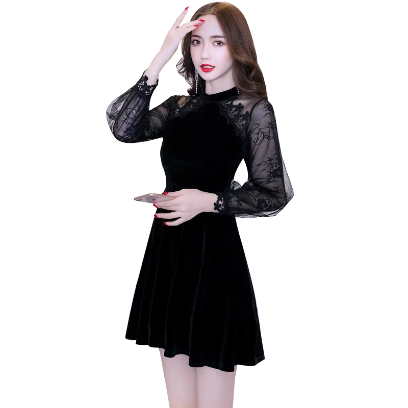 Womens long sleeve long black dress w v neck mesh