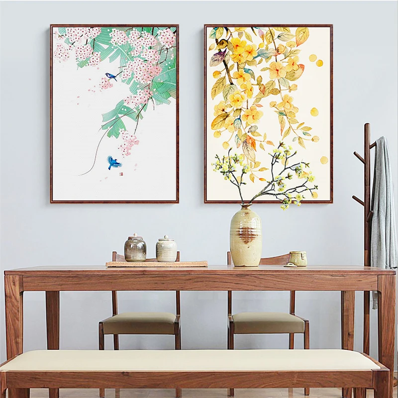 Yellow and Green Leaves Canvas Painting Watercolor Birds Flower Posters Prints Wall Art Pictures for Living Room Home Decor | Дом и сад