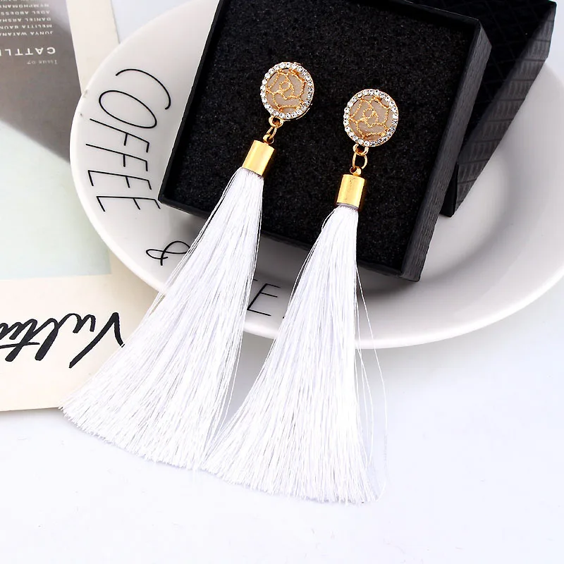 Fashion Bohemian Tassel Crystal Long Earrings White Red Silk Fabric Drop Dangle Tassel Earrings For Women Jewelry