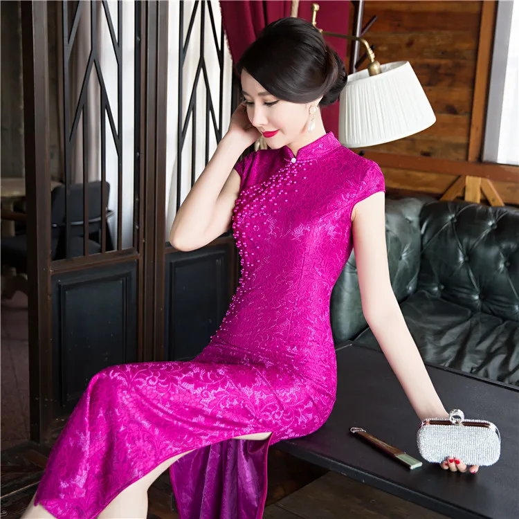Новинка, модное красное женское длинное платье Cheongsam,, китайское женское кружевное платье Qipao, Vestidos, Размеры S M L XL XXL XXXL 415988