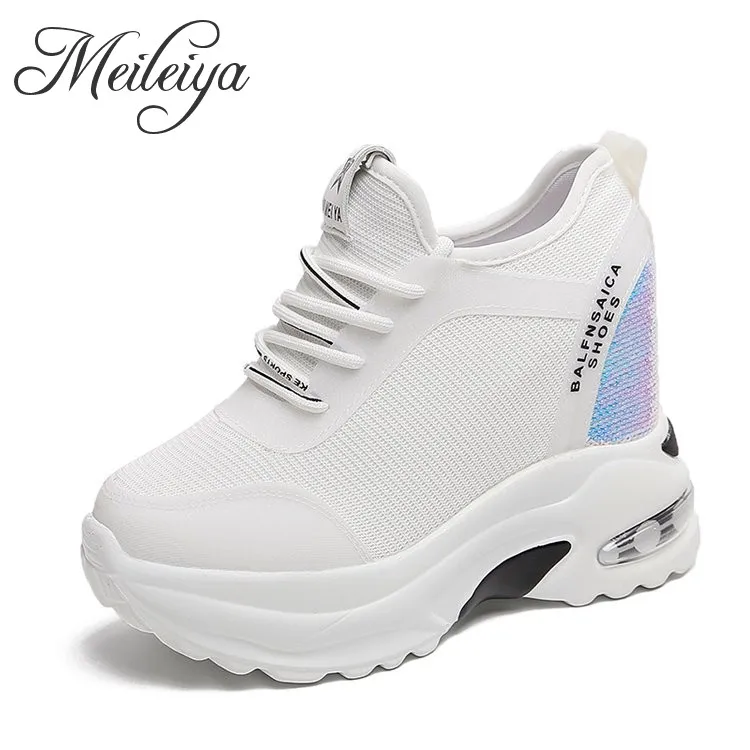 

Women's Quality Light Height Increasing Breathable Athletic Mesh Sneakers High Platform Lace-up Leisure Sequins Shoes Summer