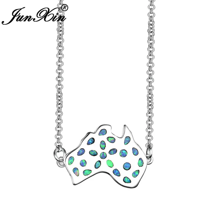 

JUNXIN Blue White Fire Opal Necklace Australia Map Pendants For Women 92 Sterling Silver Clavicle Necklace Wedding Female Male