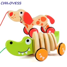 Wooden crocodile dog canine puppy puzzle toy toddler baby walking tails wagging animal Pull car wheel toys Gift for toddler