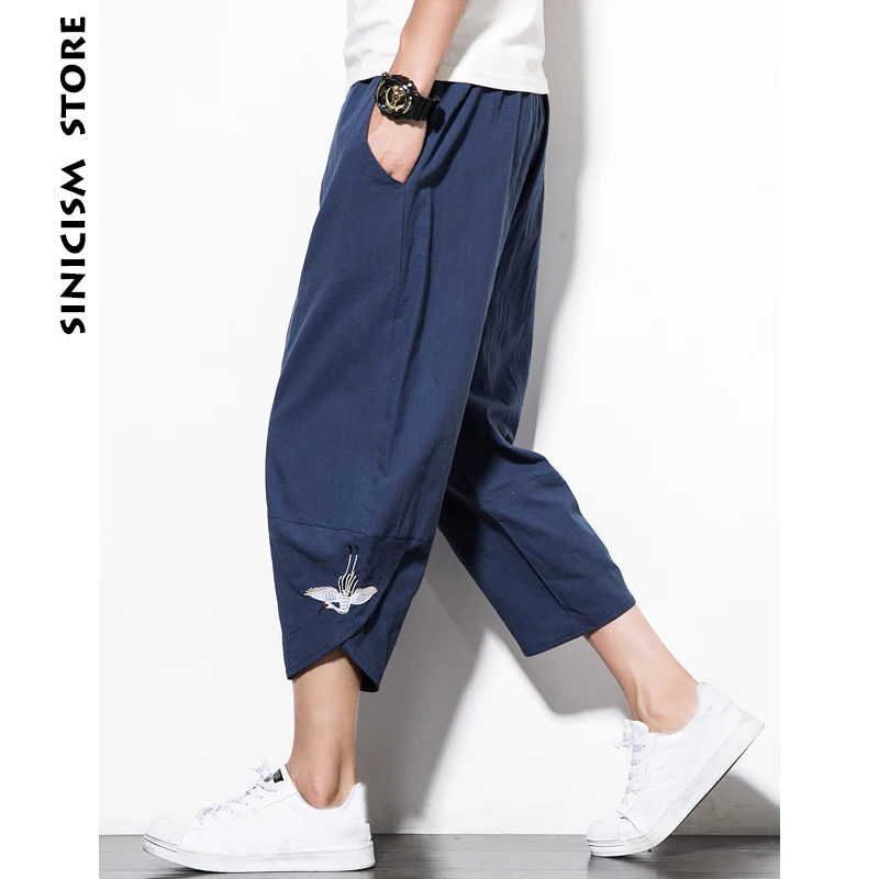 

Sinicism Store Mens 2019 New Harem Pants Male Summer Casual Calf-Length Pants Man White Crane Embroidery Loose Bloomers