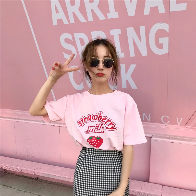 Harajuku каваи клубничное молоко футболка Топы женские летние оверсайз SX-XXL розовая футболка одежда школьницы уличная Tumblr