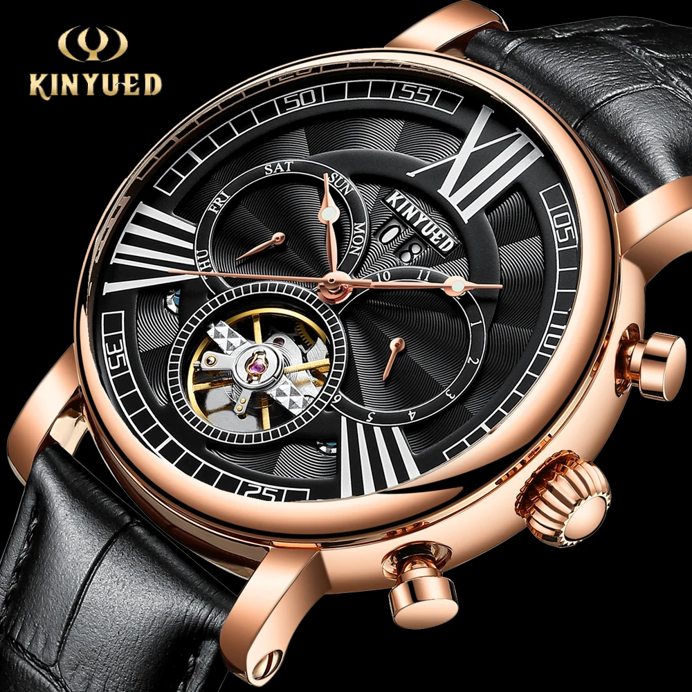 KINYUED Новые поступления Мужские часы Tourbillon Скелет Бизнес спортивные наручные