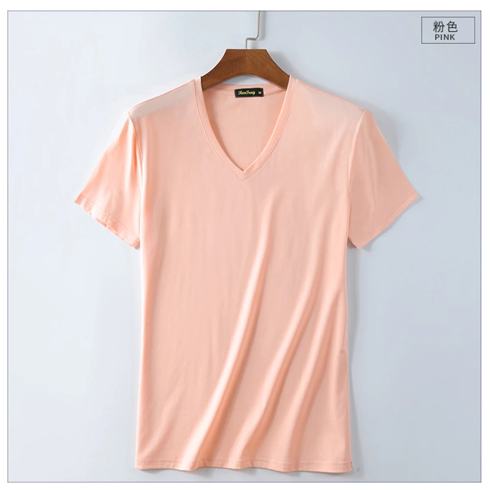 Brand T shirt Men's V-neck Slim Fit Pure Mercerized Cotton T-shirt Fashion Short Sleeve T shirt Men's Tops smart Casual Tshirt (9)