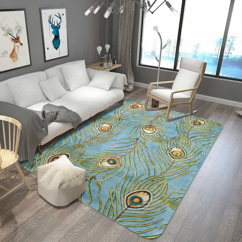 

100x150CM Pecock Feather Printed Rug and Bedroom for Home Living Room and Bedroom 5 Color Soft Area Rug for Book Store Floor Rug