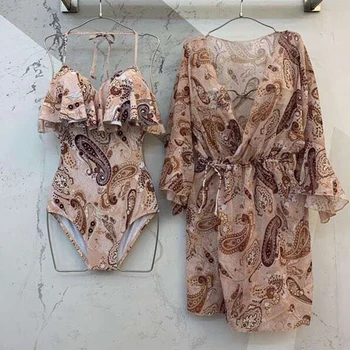 Summer Women Floral Print Bodysuit with Long Sleeves High Quality 2 piece Swimsuit Women 2019 Brand Swimsuit Women Sexy