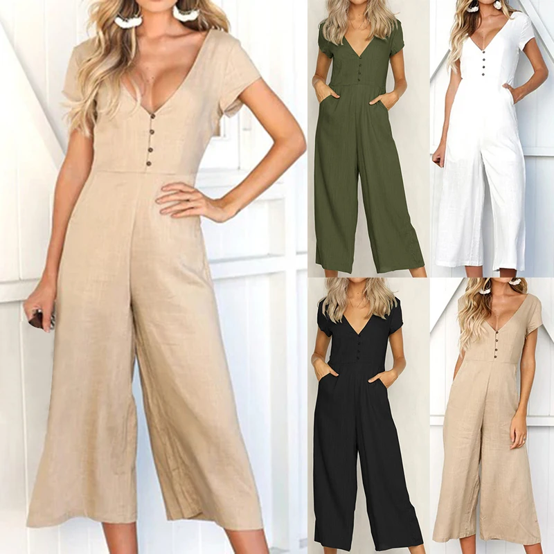 

CALOFE Wide Leg Jumpsuit Women Summer Women 2019 Fashion Female Clothes Casual Loose Style V-neck Short Sleeve Button Decor