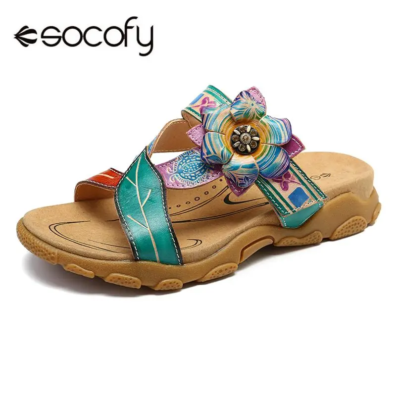 

SOCOFY Soft Genuine Leather Shoes Hand Painted Floral Splicing Pattern Adjustable Hook Loop Sandals Comfortable Elegant Shoes