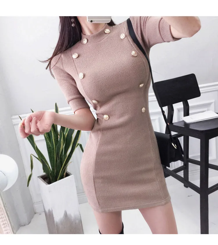 Temperament Lady Dresses Women Spring Design Sexy Bandage Sheath Mini White Knitted Double Button Tunic Sweater Dress 170D