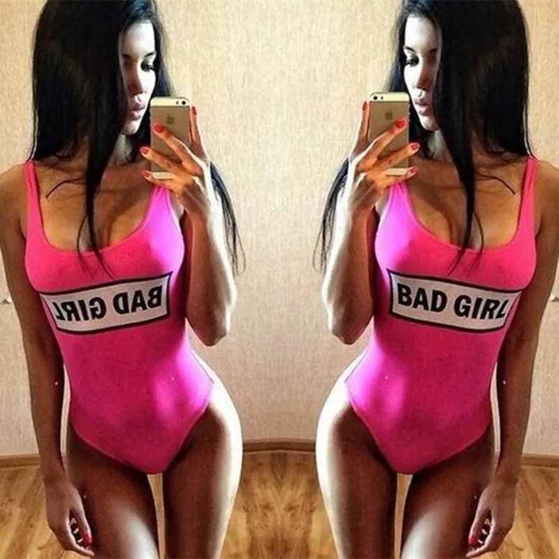 2016 New Arrival Bad Girl Printing Halter Swimsuit One Piece Neon Bathing Suits Letter Bikini maillot