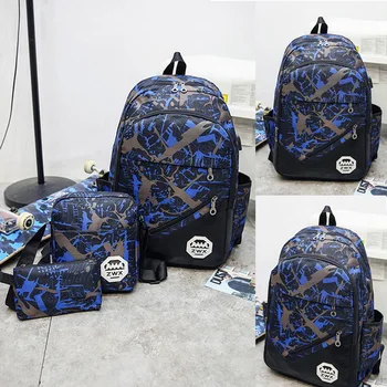 

Contrast Geometric Print Three-piece Backpack Shoulder Tide Unisex Student Bag