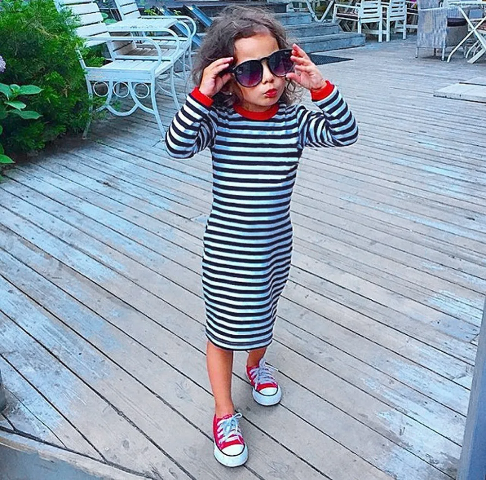 Платье в полоску для маленьких девочек, модная одежда с длинными рукавами, наряды, платье принцессы, enfant Fille, повседневные платья для девочек