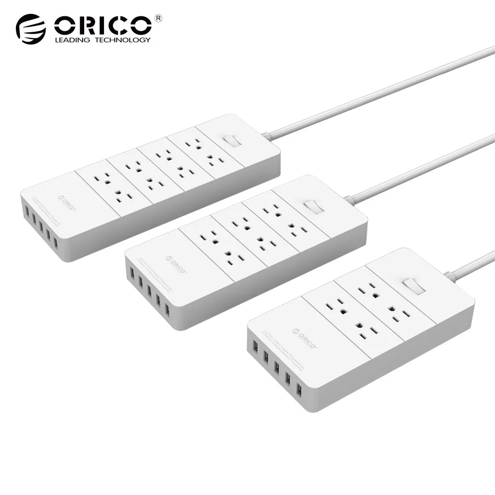 

ORICO Smart Power Strip Socket US Plug Surge Protector 4 6 8 AC Outlet 1250W 5 Port USB Fast Charger 40W - 1.5M Power Cord
