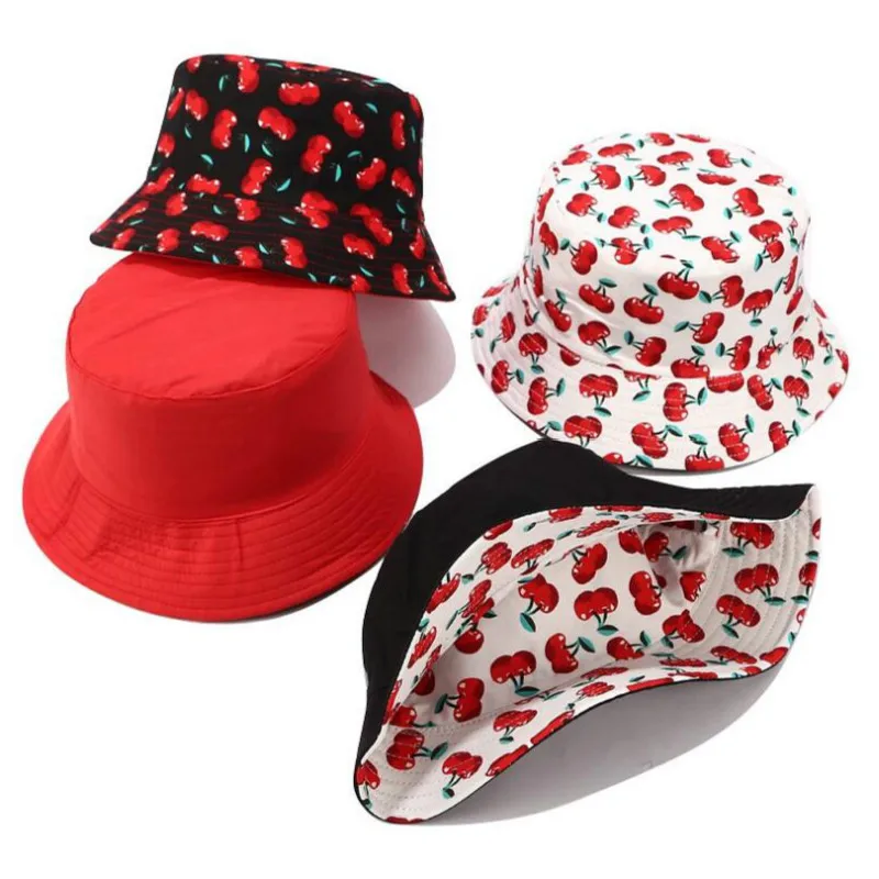 Summer Women Cherry Bucket Hat Cotton Fruit Printed Reversible Fishing Cap Two Side Wear Vacation Beach Panama Female Sunhat