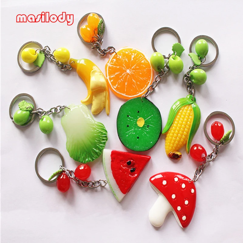 

100pcs/Lot Mixed Fruit Keychain Vegetables Key Chain Apple Banana Keyring Corn Mushrooms Key Ring For Gifts Food Keychains